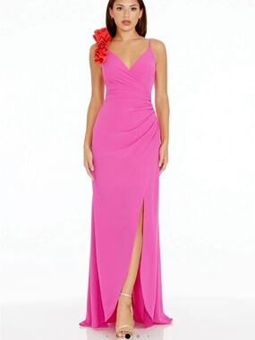 New Dress The Population  Camelia Ruffle Stretch Crepe Gown Large
